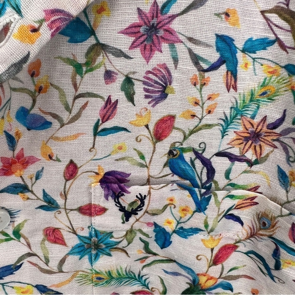 Allen Solly Button Down Linen Cotton Multi Color floral & Bird 39 - Picture 3 of 8